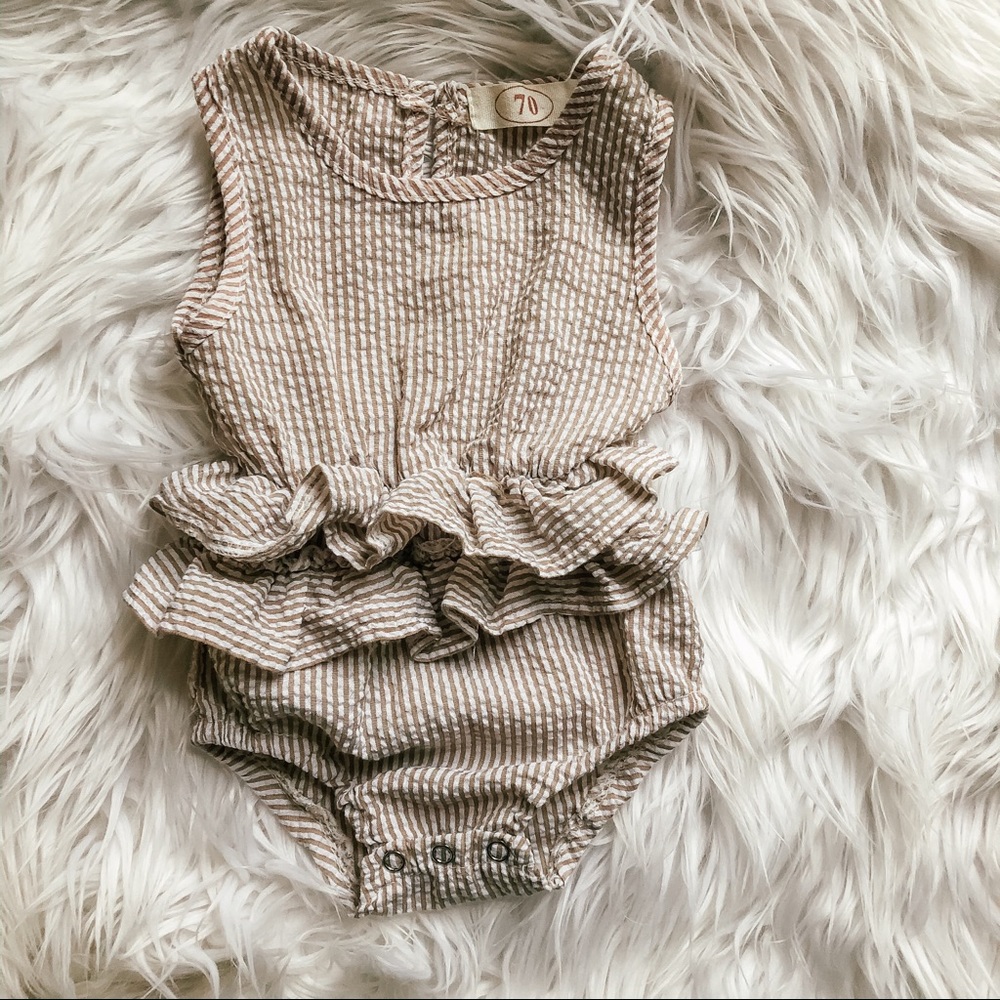 White and tan striped ruffle romper